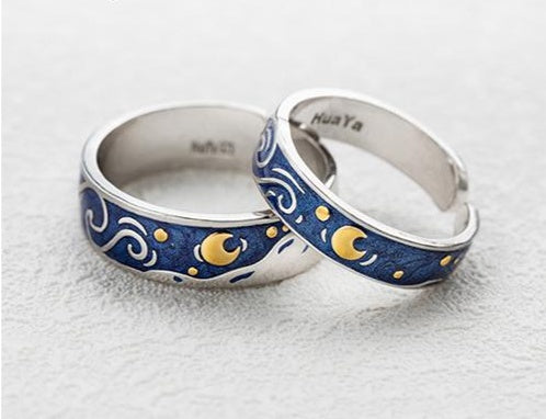 Starry Night Dreams: Adjustable Moon & Star Couple’s Ring