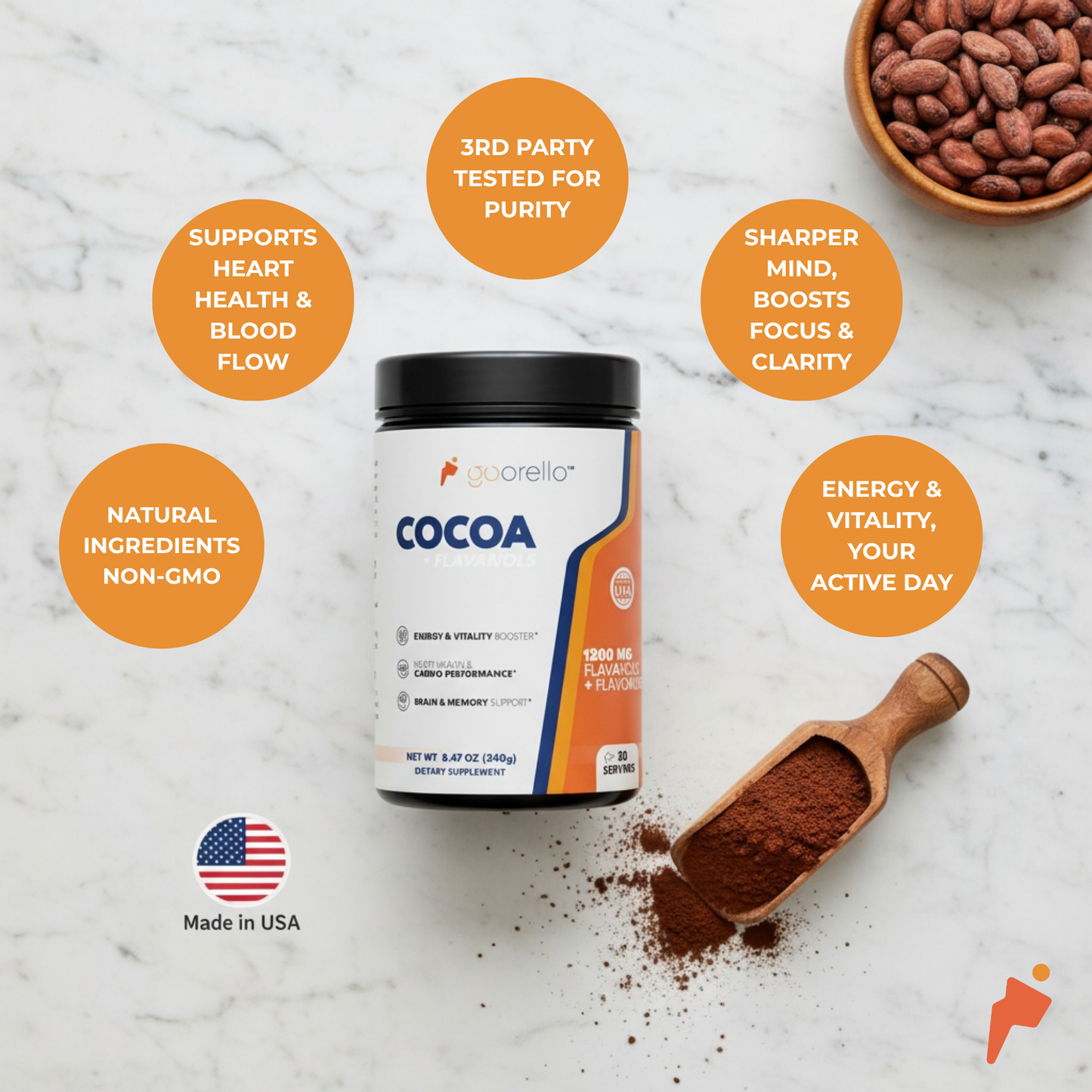 Goorello™ COCOA + FLAVANOLS: Nitric Oxide Booster for Uncompromised Brain & Heart Health