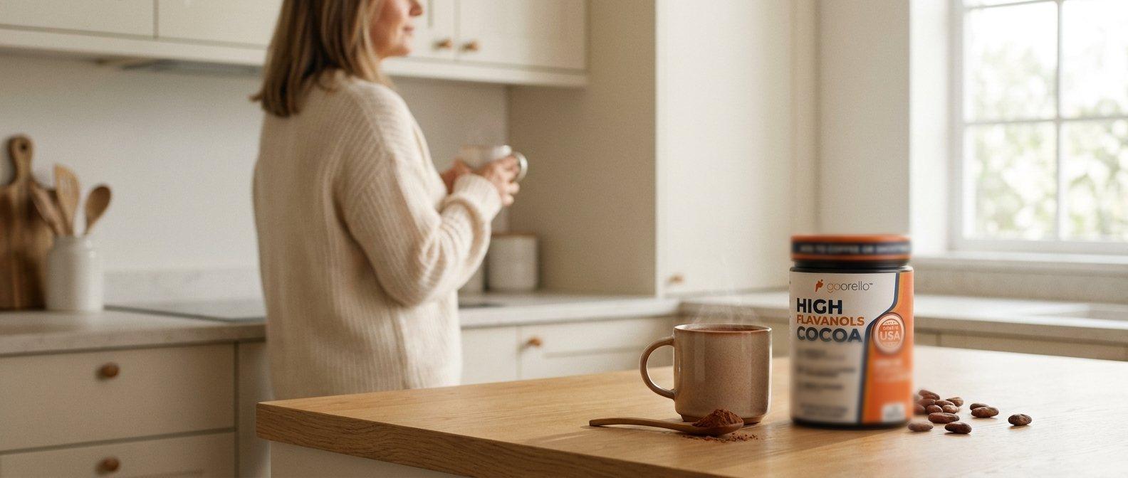 A jar of Goorello cocoa and a warm mug on a kitchen counter in morning light