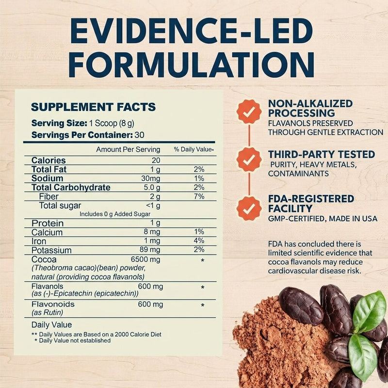 Goorello supplement facts panel: non-alkalized processing, third-party tested, FDA-registered facility